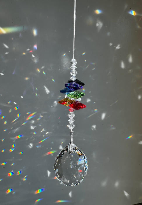 Crystal Suncatcher - Rainbow Chakra Octagon Strand Suncatcher with 30mm Ball
