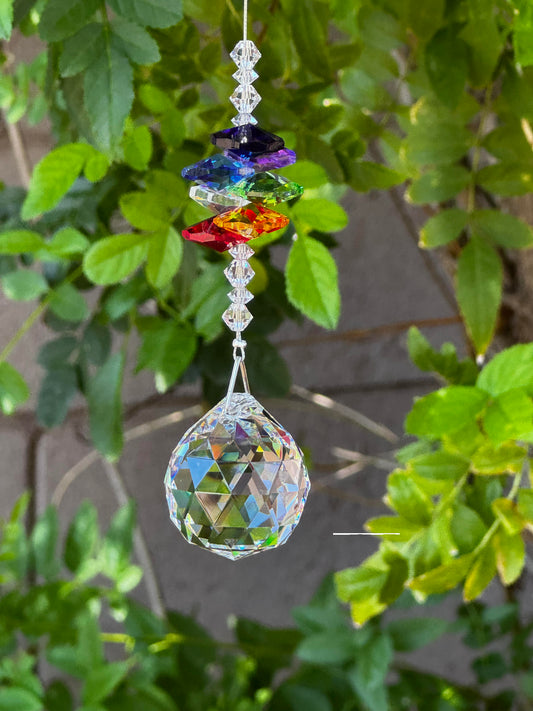Crystal Suncatcher - Rainbow Chakra Octagon Strand Suncatcher with 30mm Ball