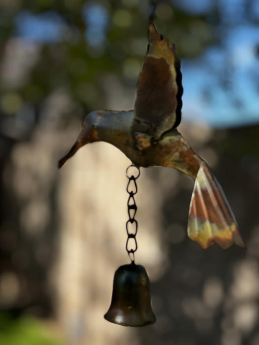 metal hummingbird bell garden art