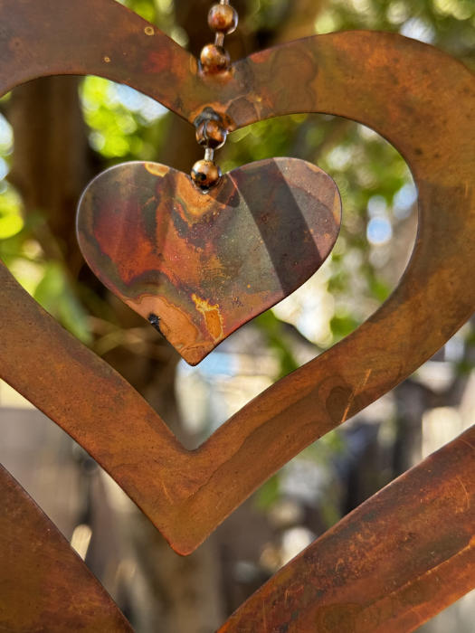 Garden Wind Spinner - Flamed Metal Triple Heart